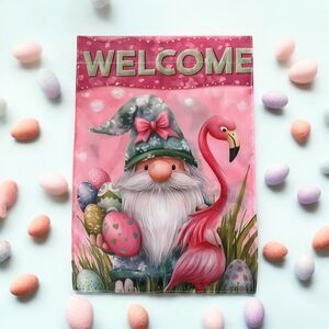 Easter Welcome Garden Flag - Double-Sided, Flamingo & Gnome Design, 12 x 18 Inch